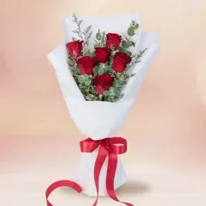 ช่อกุหลาบวาเลนไทน์สีแดง ช่อขาว โบว์แดง